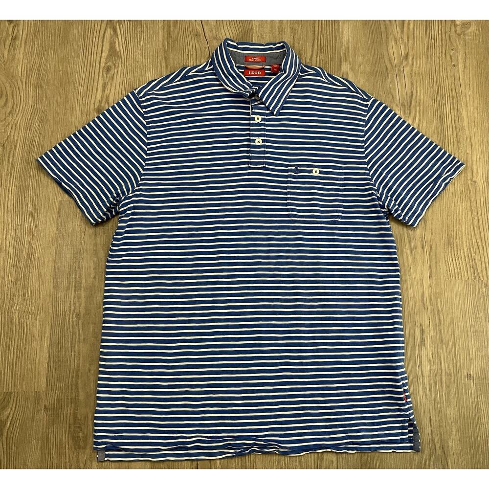 Izod Slim Fit Polo Style Shirt With Blue And White Stripes Men’s Size L